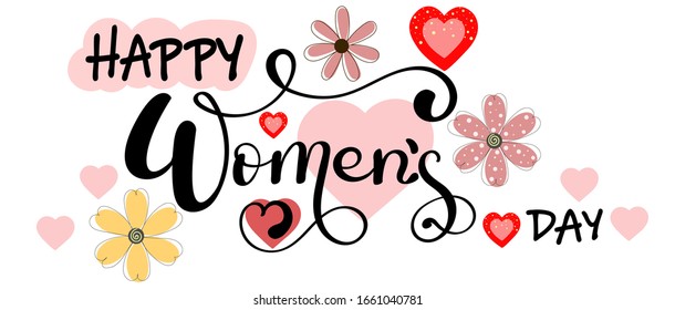  8 de marzo. Diseño de texto del Día de la Mujer con flores y corazones, colores Pastel! El mes de la Marcha Feliz Día de la Mujer con flores. Cartel de decoración, cartas. Ilustración 8 de marzo. 