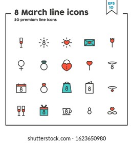 8 March, Women’s Day  thin line icons. Concept of women’s power and femininity. Vector illustration symbol elements for web design and apps