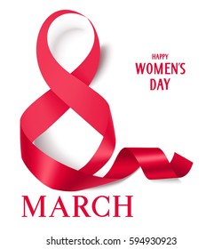 8 march decorative red ribbon. International Women's Day card. Vector ribbon isolated on white. Happy Women's Day text