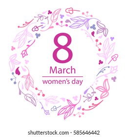 8 March Design with Flowers wreath. International Women's Day card. Vector illustration. Doodle style.