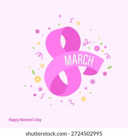 Diseño del 8 de marzo. Número ocho con flores, confeti, manantiales. Feliz día de la mujer.