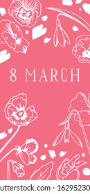 8 march design template. Composition with pansy and snowdrop flowers. Hand drawn outline vector sketch illustration with title