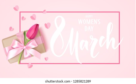 8 March design template. Happy Women's day. Decorative gift box, red tulip and paper hearts on pink background. Vector illustration