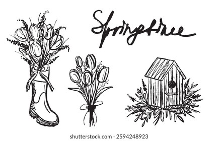 8 march design. Tulip flower bouquets, rubber boot design, wooden bird feeder in black brush stroke texture isolated on white background. Hand drawn vector sketch illustration in vintage charcoal ink