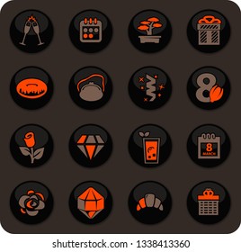 8 March easy color vector icons on dark background for user interface design