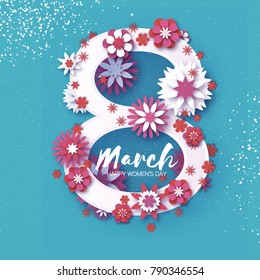 8 March. Eight Number. Happy Mother's Day. Pink White Paper cut Floral Greeting card. Origami flower.Happy Women's Day. Text. Spring blossom.Seasonal holiday on sky blue.Modern paper decoration.Vector