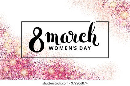 8 march eighth womens day. Pink glitter. Red background for flyer poster, sign, banner, web header. Abstract shine blur invitation, greeting card, poster, flyer, event logo, logotype, sign symbol
