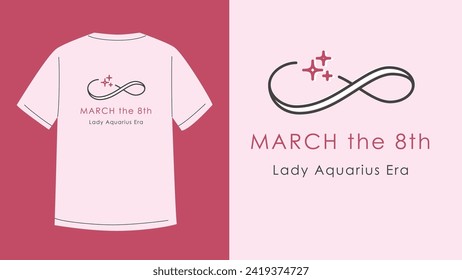 8 March female t-shirt design template. Digit 8 in form of infinity sign. Vector illustration isolated on pink background.  