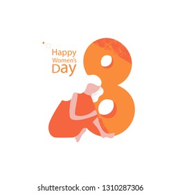 8 March flat vector greeting card template. Blonde girl flat cartoon character. Isolated design element. Female issues, sadness, loneliness concept. International Women's Day, feminism concept