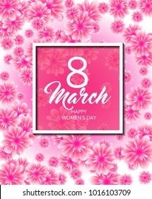 8 March. Floral Greeting card. Happy Women's Day. Flower holiday background with square frame and space for text. Trendy Design Template. Happy Mother's Day. Vector illustration