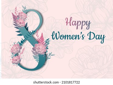 8 March. Floral Greeting card. International Happy Women's Day. Paper cut flower pink holiday background. Trendy Design Template. illustration
