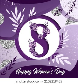 8 March. Floral Greeting card. International Happy Women's Day. Paper cut flower pink holiday background. Trendy Design Template. illustration