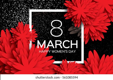 8 March. Floral Greeting card. Happy Women's Day. Red Paper cut flower holiday background with square Frame and space for text. Origami Trendy Design Template. Happy Mother's Day. Vector illustration