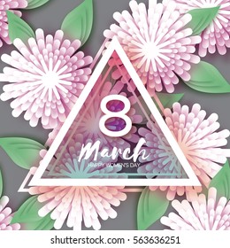 8 March. Floral Greeting card. International Happy Women's Day. Purple Paper cut flower holiday background with triangle Frame and space for text. Origami Trendy Design Template. Vector illustration
