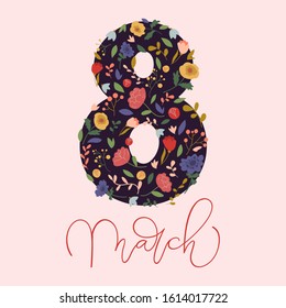 8 March with flowers. Cute card, banner, poster. Trendy vector illustration.