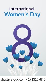 8 March flyer and postcard template Vector illustration International women's day symbols with blue paper tulips on white background