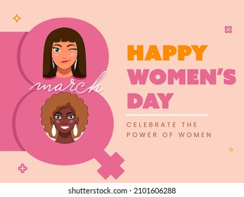 8 March Font With Female Gender Symbol And Cheerful Young Girls Face On Purple Background For Happy Women's Day Concept. 