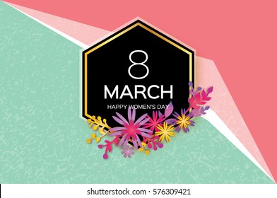 8 March with Geometric Cristal. Happy Mother's Day. Paper Cut Floral Greeting card. Origami flower holiday background. Happy Women's Day. Trendy Design Template. Vector illustration
