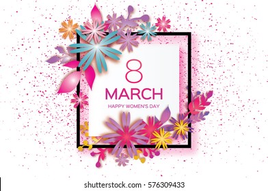 8 March with Geometric Cristal. Happy Mother's Day. Paper Cut Floral Greeting card. Origami flower holiday background. Happy Women's Day. Trendy Design Template. Vector illustration