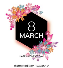 8 March with Geometric Cristal. Happy Mother's Day. Paper Cut Floral Greeting card. Origami flower holiday background. Happy Women's Day. Trendy Design Template. Vector illustration