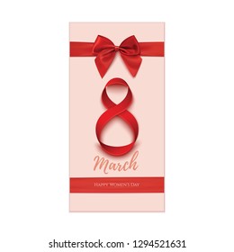 8 march gift card, banner or poster templates with red ribbon and a bow. Womens day background. Vector illustration.