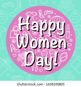 8 march gift card with Woman things set in circle shape. Girl accessories icons, jewelry, perfume, cosmetics, make-up. Modern female woman day outline design greeting card. Vector banner, poster