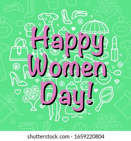 8 march gift card with Woman things set in circle shape. Girl accessories icons, jewelry, perfume, cosmetics, make-up. Modern female woman day outline design greeting card. Vector banner, poster