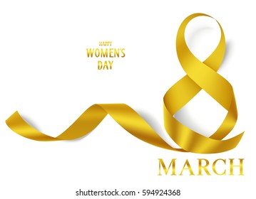 8 march golden ribbon. International Women's Day background. Vector yellow bow isolated on white. Happy Women's Day text