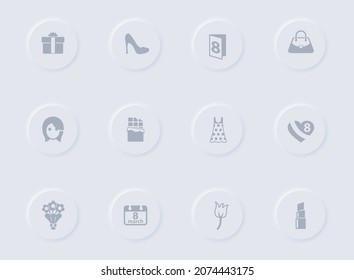 8 march gray vector icons on round rubber buttons. 8 march icon set for web, mobile apps, ui design and promo business polygraphy