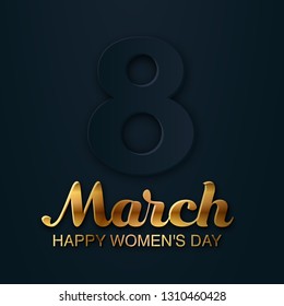 8 March greeting banner to International Women's Day. Gold Lettering. 3d paper cut number 8 on black background. Luxury romantic card, tag, flyer, postcard, poster design. Vector Illustration.