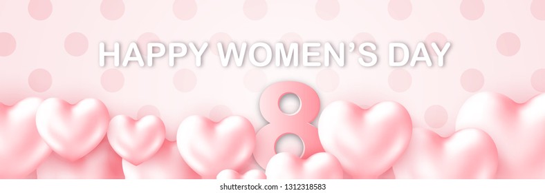 8 March greeting banner to International Womens Day with a Lettering. 3d paper number 8 and Pink Hearts on polca dot pattern. Cute card, web header, poster, postcard, add. Vector Illustration.