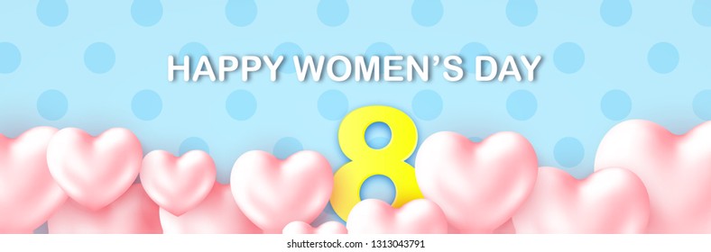 8 March greeting banner to International Womens Day with a Lettering. 3d paper number 8 and Pink Hearts on a blue background. Beautiful card, web header, poster, postcard, add. Vector Illustration.