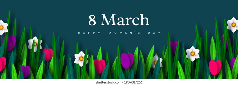 8 March greeting banner for International Womens Day. Bouquet of paper cut spring flowers tulips and narcissus on dark background. Vector illustration.