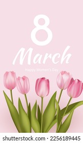 8 March greeting banner with pink realistic tulip flower bouquet background. Poster, flyer, greeting card, website header vector Illustration. Template for advertising, web, social media pastel pink.