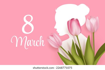 8 March greeting banner with pink realistic tulip flower bouquet. Woman cut out silhouette, women's day website header vector Illustration. Template for advertising, web, social media pastel pink.