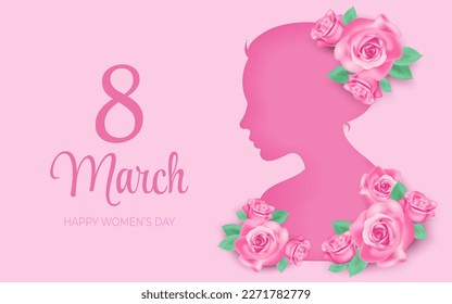 8 March greeting banner with pink realistic roses flower bouquet. Woman cut out silhouette, women's day website header vector Illustration. Template for advertising, web, social media pastel pink.