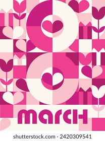8 march greeting card. Abstract geometrical background with flowers and hearts shape. Vector illustration.