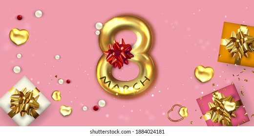 8 march greeting card, banner, flyer with gold number 8 and gift boxes.