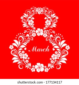 8 March. Greeting card. Celebration red background with flowers and place for your text. Vector Illustration 