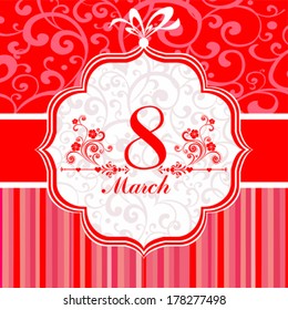 8 March. Greeting card. Celebration red background with flowers, butterfly and place for your text. Vector Illustration 
