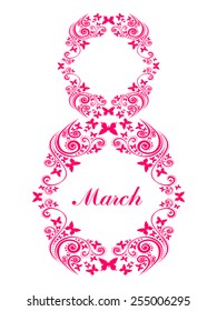 8 March. Greeting card. Celebration background with flowers, butterfly and place for your text. Vector Illustration 