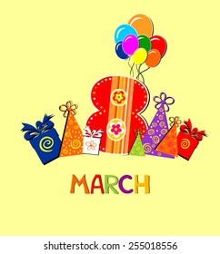 8 March. Greeting card. Celebration background with gift box and place for your text. Vector Illustration 