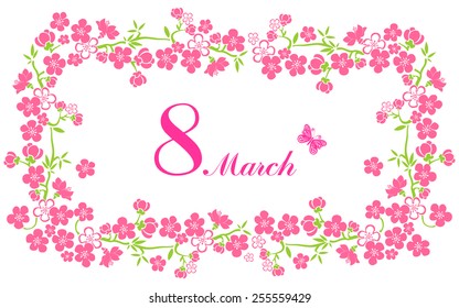8 March. Greeting card. Celebration background with flowers, butterfly and place for your text. Vector Illustration 