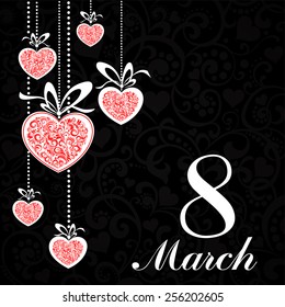 8 March. Greeting card. Celebration background with flowers, hearts and place for your text. Vector Illustration