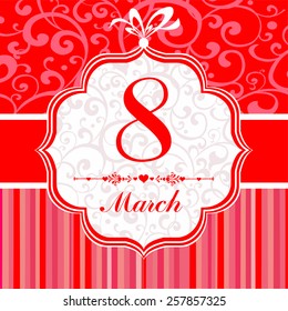 8 March. Greeting card. Celebration red background with flowers and place for your text. Vector Illustration 