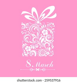 8 March. Greeting card. Celebration pink background with gift box, flowers, butterfly and place for your text. Vector Illustration