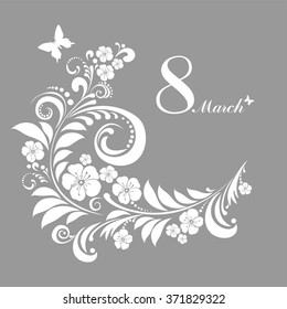 8 March. Greeting card. Celebration grey background with flowers, butterfly and place for your text. Vector Illustration 