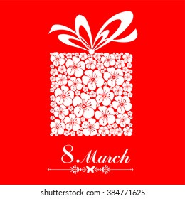 8 March. Greeting card. Celebration red background with gift box, flowers and place for your text. Vector Illustration