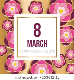 8 of March Greeting card design. Happy Women's Day vector illustration with flowers on background.