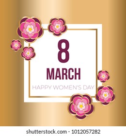 8 of March Greeting card design. Happy Women's Day vector illustration with flowers on background.